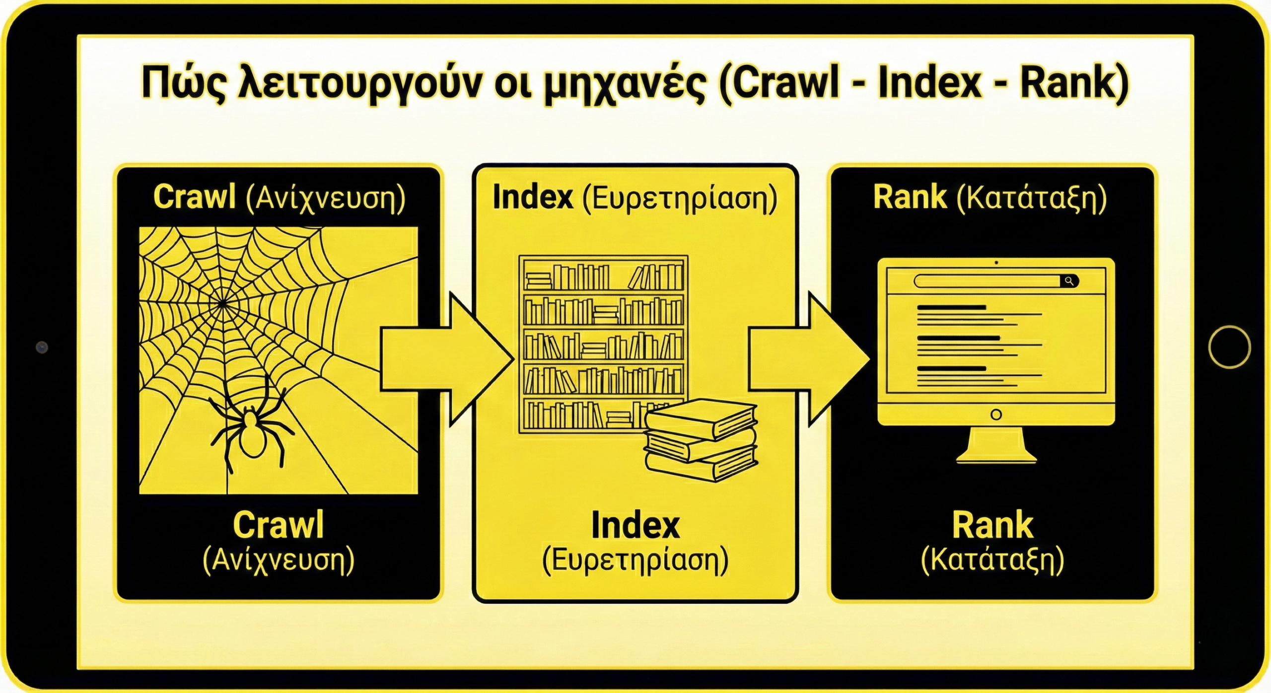 Διάγραμμα λειτουργίας μηχανών αναζήτησης Crawling Indexing Ranking Διάγραμμα λειτουργίας μηχανών αναζήτησης: Crawling, Indexing, Ranking