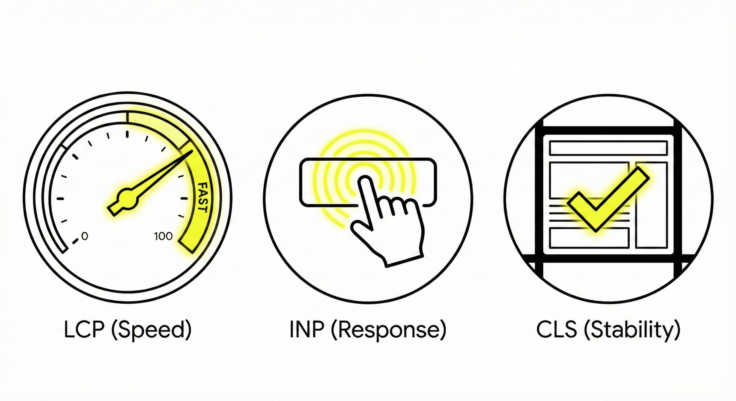 Διαγραμματική απεικόνιση των τριών Core Web Vitals της Google: LCP (Ταχύτητα), INP (Ανταπόκριση) και CLS (Σταθερότητα).